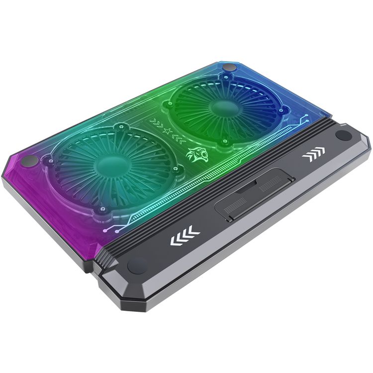 Porodo Gaming Crystal Shell Laptop Cooling Pad with Phone Holder, ABS, Metal & PC Material, 2 Fans, USB-A & USB-C Ports, 10-17" Devices Compatible, Anti-Slip Base, Ergonomic Design, Plug & Play - Black 
