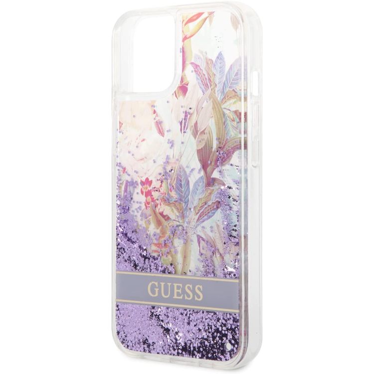 Guess Liquid Glitter Case with Flower Pattern Extra Shine Smooth Touch Feel iPhone 14 Plus Compatibility - Purple