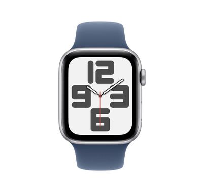 Apple Watch SE 2024 GPS 44mm Silver Aluminum Case with Denim Sport Band, S/M - Silver