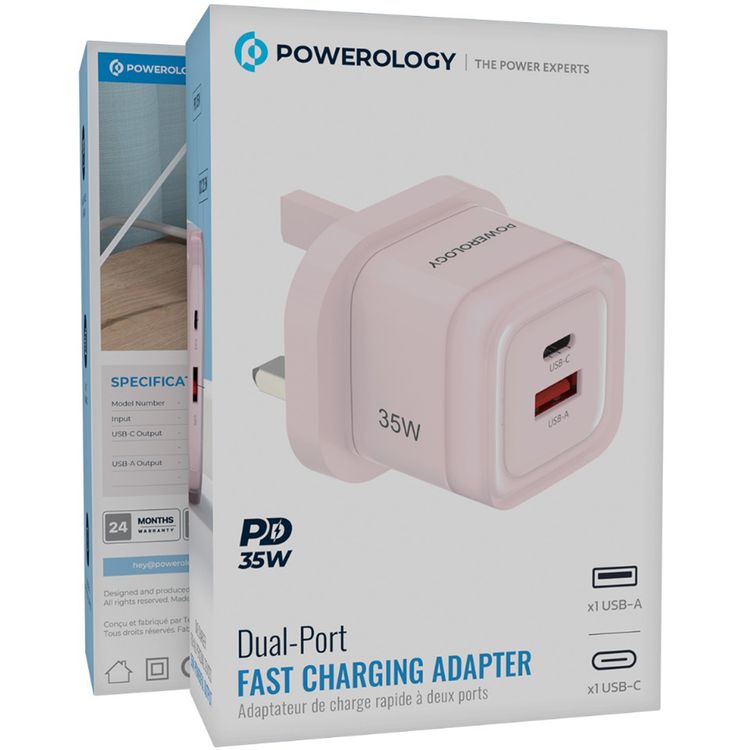 Powerology Lunex Dual-Port Fast Charging Adapter with USB-C & USB-A Ports, 35W Power Delivery, 22.5W USB-A Output, UK 3-Pin Plug, Universal Protocol Support, Multi-Device Charging - Pink