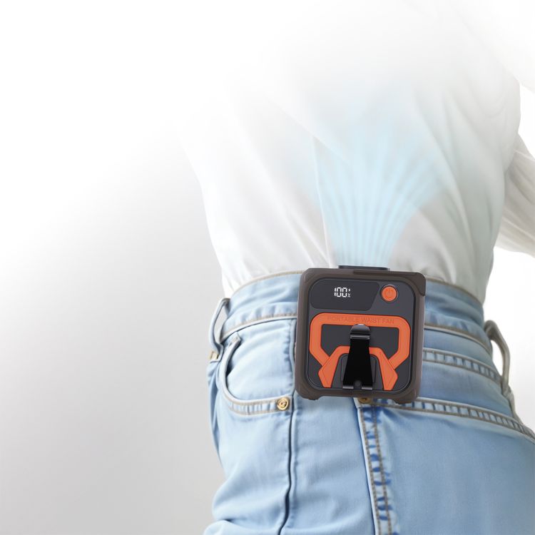 Porodo Lifestyle Multifunction Cooling Waist Fan with 10000mAh Power Bank, Flash Light, Powerful Wind, Digital Display, 5 Speed Levels, 40 Hours Working Time, 4 Hours Charging Time, Neck Strap - Orange / Brown