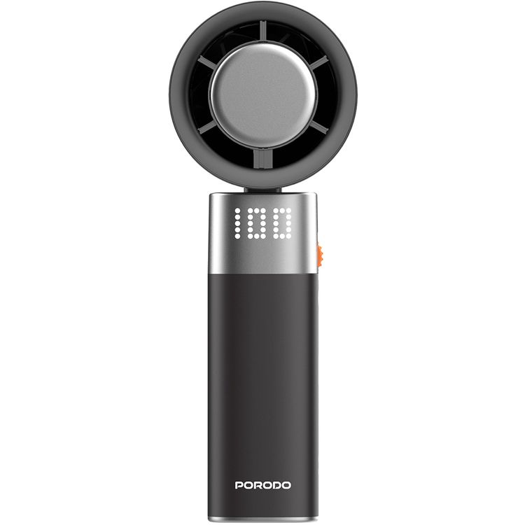Porodo Lifestyle Handheld Turbo Fan with 100-Level Wind Speed Adjustment, Up to 4 Hours of Working Time, 13000RPM Operating Speed, Integrated Flashlight, 90° Folding Design - Black