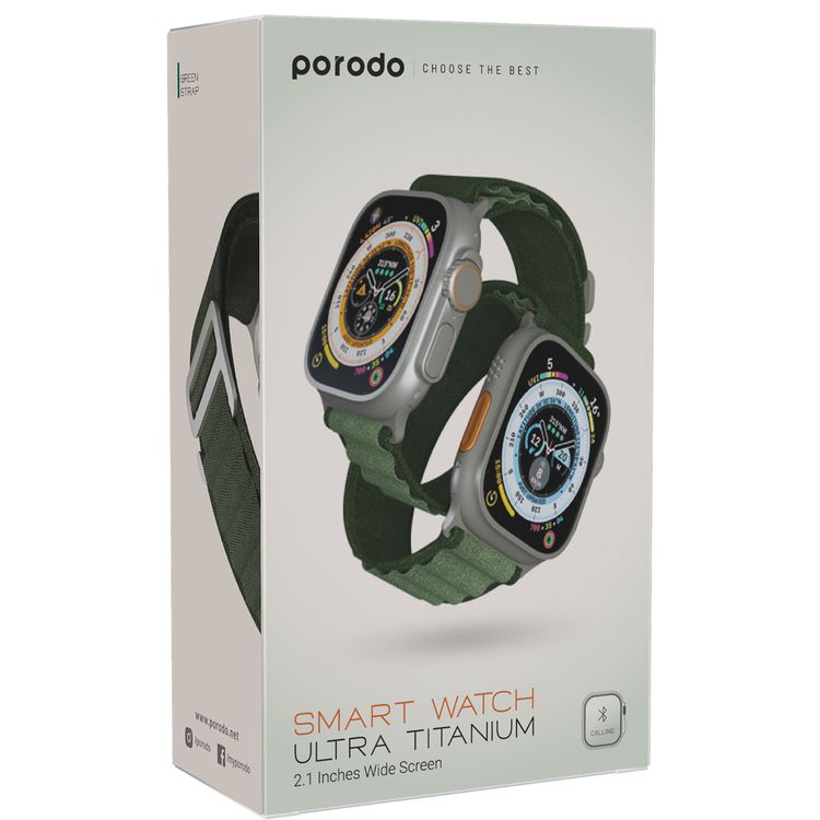 Porodo Ultra Titanium Smart Watch with 2.1" Wide Screen, 15 Days Standby Time, Lithium-ion Polymer Battery, 128MB RAM, 3-5 Days Battery Life - Green