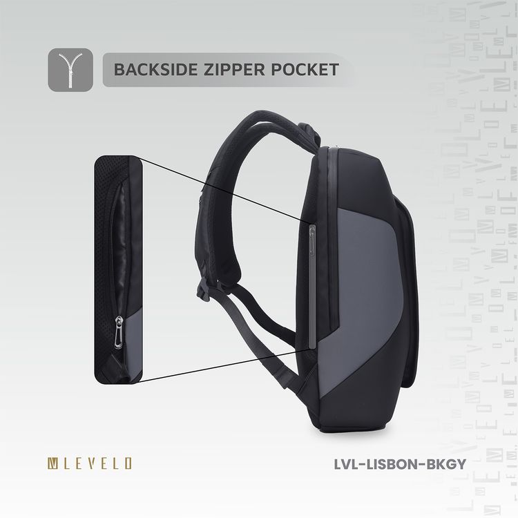 Levelo Lisbon Carrying Laptop & Universal 15.6” Backpack with Water Resistance Polyester, Laptop Compartment, Durable Material, Strap Pocket  - Black / Gray