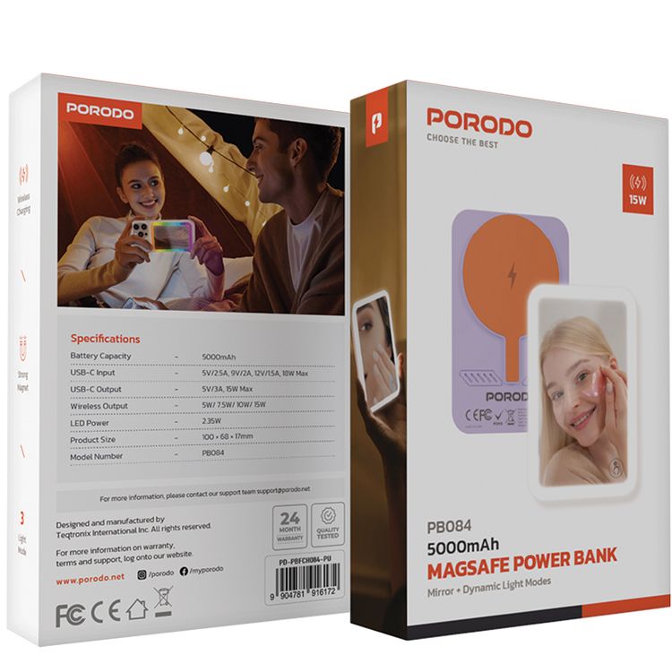 Porodo 5000mAh MagSafe Power Bank with Built-in Mirror, 18W USB-C Input, 15W USB-C Output, 3 Light modes, Up to 15W Wireless Output, Portable & Compact Design - Pink