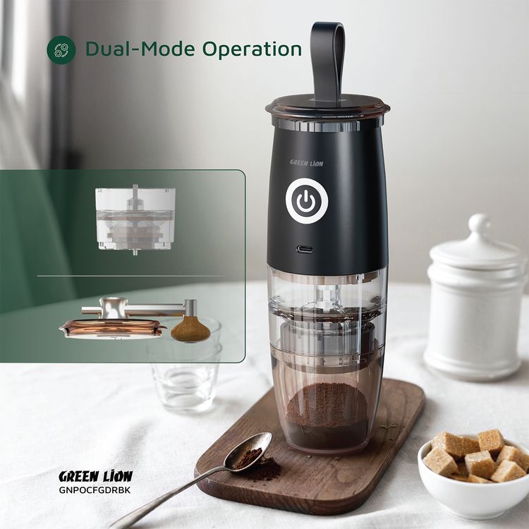 Green Lion Portable Coffee Grinder with Ceramic Griding Core, Powder Container, Type-C Charging Port, 78 RPM Motor, ABS + SUS304 Material, 30g Bean Capacity - Black