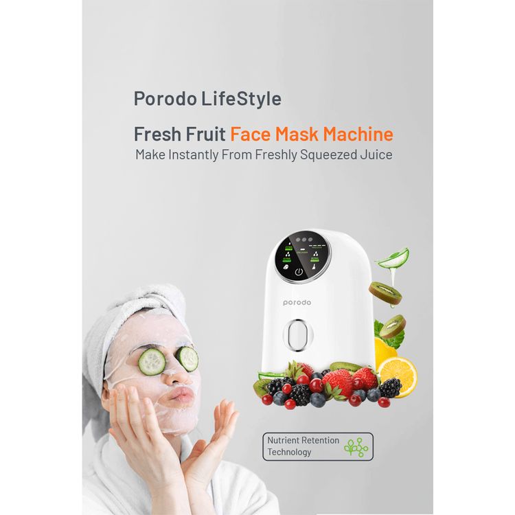 Porodo Lifestyle Fruit Facial Mask Maker with 5 Minutes Mask Preparation Time, 80W Power, Touch Display, 60mL Water Capacity, Collagen Tablets Included, 20mL Fruit Juice Capacity - White