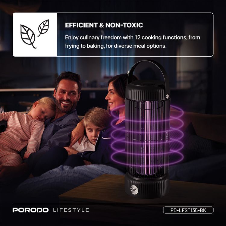 Porodo Lifestyle Portable Mosquito Zapper with Built-in UV LED Lamp, Up to 4 Hours Working Time, 2000mAh Battery Capacity, Efficient & Non-Toxic, 4.5W Rated Power - Black