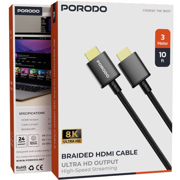 Porodo Braided HDMI Ultra HD Cable, High-Grade Connectors, High-Speed Streaming, 3m Cable Length, HDMI Version 2.1 - Black