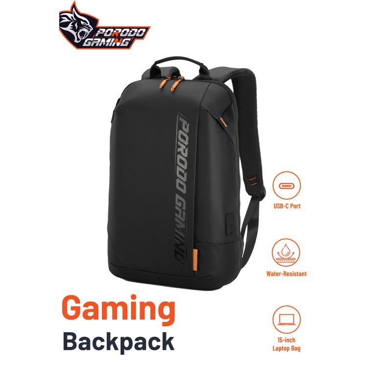 Porodo Gaming PU Laptop Backpack with USB-C Port, Up to 15" Laptop Compatibility, PD 20W, Water-Resistant, Multiple Pockets - Black