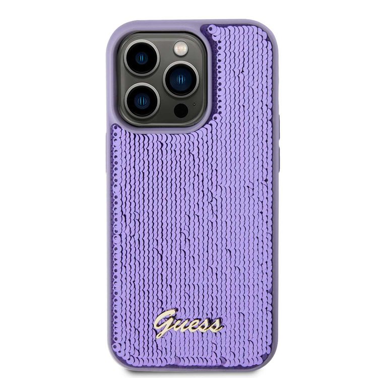 Guess Sequin Script Case with Guess Metal Logo - Purple - iPhone 15 Pro