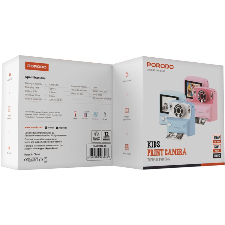 Porodo Lifestyle Kids 10000mAh Print Camera with 320 x 240 Screen Resolution, Type-C Charging Port, 2.4" Wide Screen, Built-in Games, 12MP Image Resolution, Built-in Fill Light - Pink