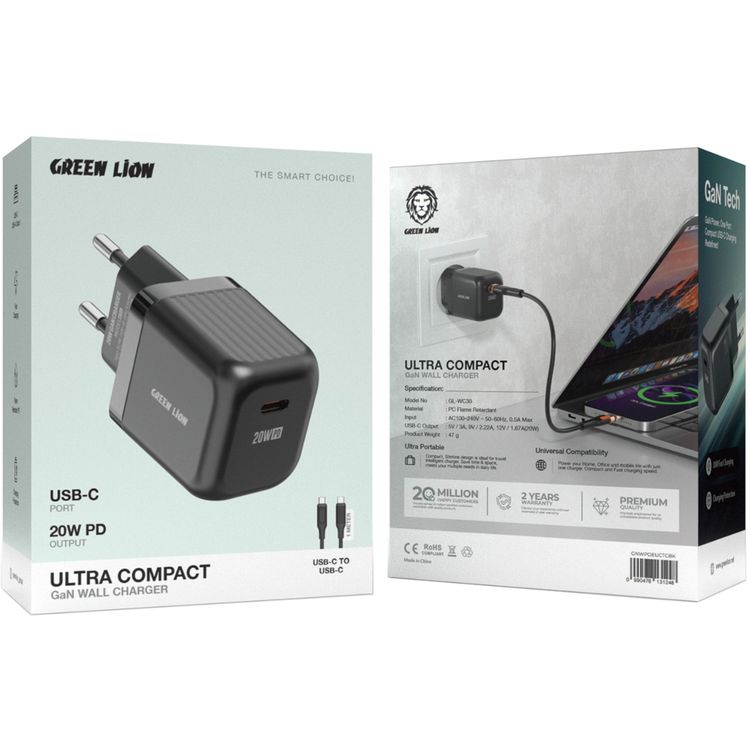 Green Lion Ultra Compact GaN Wall Charger with Single USB-C Port and USB-C to USB-C Cable, PC Flame Retardant Material, Fast Charging Support, Charging Protection, Universal Compatibility, Ultra Portable - Black