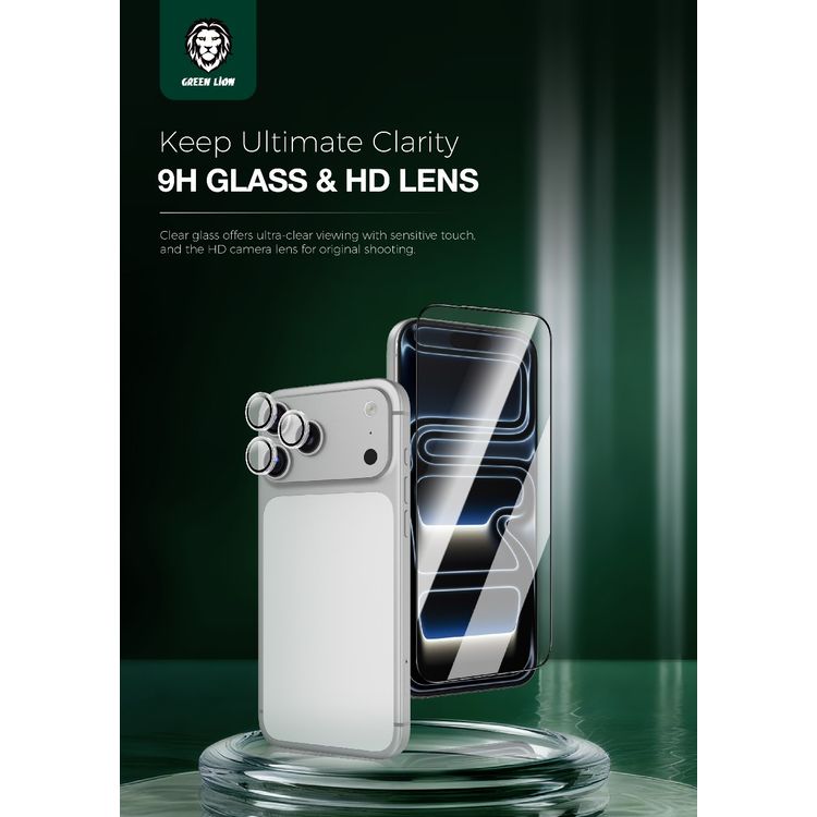 Green Lion 4-in-1 Combo Essentials for iPhone 17 Pro, Shockproof Clear Case, 3D Curved Clear Glass, GaN Fast Charger, HD Clear Camera Lens, 45W Power Delivery - Clear