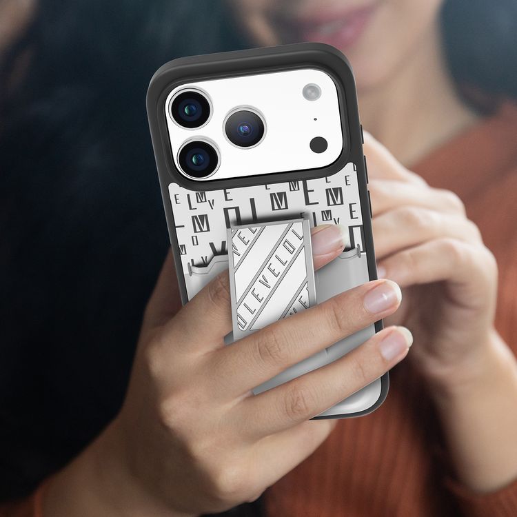 Levelo Morphix GripStand Case with Card Holder for iPhone 17 Pro Max, Luxury Printed Branding Design, Shock-Resistant Bumper, Raised Bezels for Camera & Screen, Magnetic Strap Stand - Silverstone