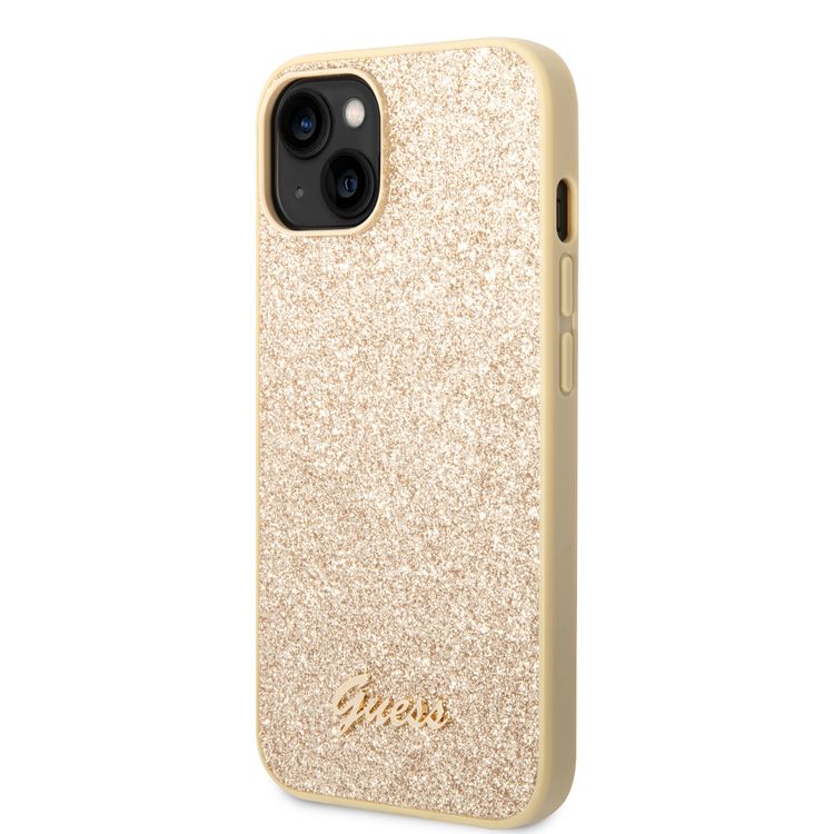 Guess PC/TPU Glitter Flakes Case with Script Metal Logo iPhone 14 Plus Compatibility - Gold