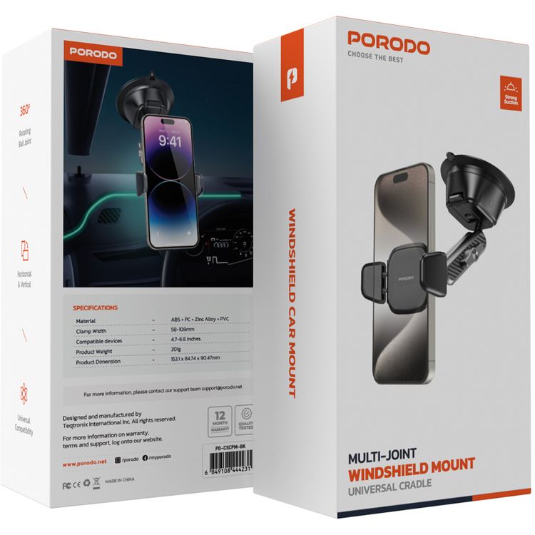 Porodo Cradle Suction Cup Non-Gel Pad Phone Mount with 360° Rotating Ball Joint, Universal Compatibility, Horizontal & Vertical - Black