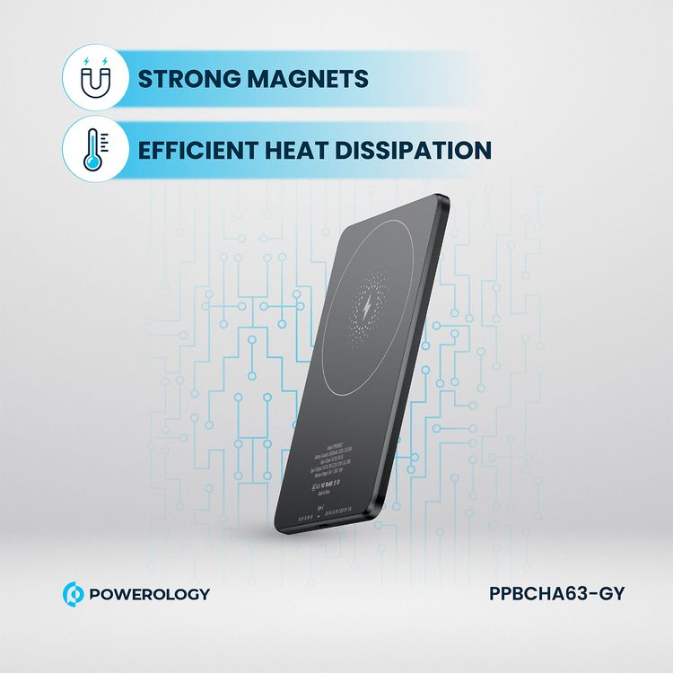Powerology Ultra-Thin 5000mAh MagSafe Power Bank, Portable & Lightweight, Efficient Heat Dissipation, Aluminum Housing, Built-In Safeguards, Strong Magnet - Gray