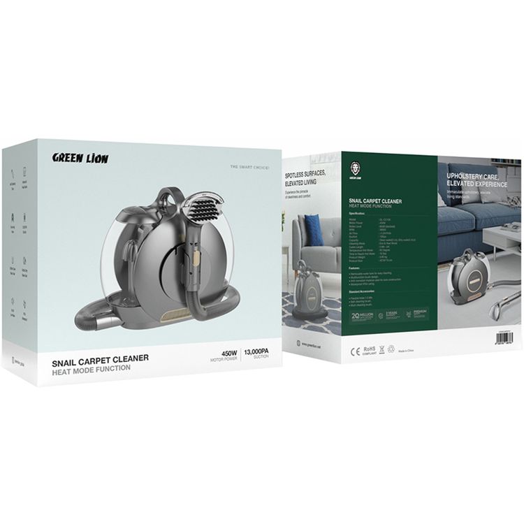 منظف ​​سجاد الحلزون الأخضر الأسد مع وظيفة وضع الحرارة، قوة شفط 13 كيلو باسكال، سعة مياه نظيفة 2 لتر، سعة مياه متسخة 1.4 لتر، طول السلك 5 أمتار، قابس طاقة في المملكة المتحدة، خرطوم مرن 1.5 متر، مقاوم للماء - رمادي