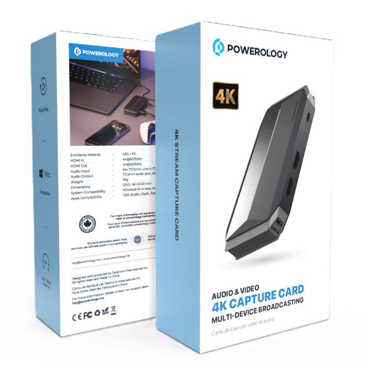 Powerology Audio and Video Capture Card with 4K Resolution Multi Device Broadcasting, Zero Delay Capture, Mac Compatible, 30m Transmission Range - Black