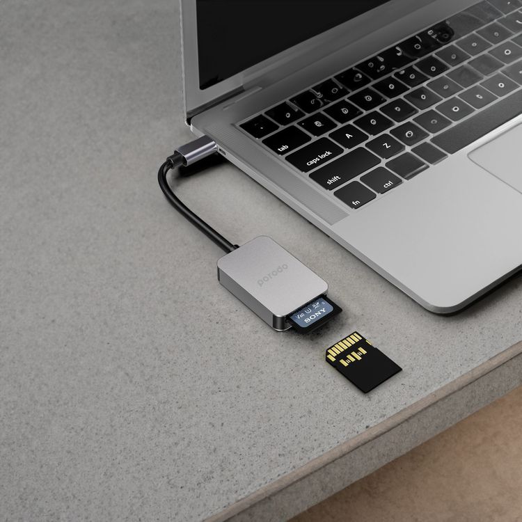 Porodo 2-in-1 USB-C Card Reader with Type-C Input, SD V4.0 & Micro SD V3.0 Super Speed Slots, 5 Gbps Data Transfer Speed, Super Lightweight and Portable - Gray 