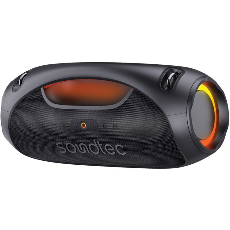 Porodo Soundtec Rush Euphoric Sound Portable Speaker with Bluetooth Version 5.3, 5400mAh Battery Capacity, Type-C Charging Port, IPX6 Water Resistance, 3 Hours Charging Time, 8 Hours Working Time, 15m Transmission Range, Power Bank Function, Shoulder Strap & Grip Handle, Vibrant RGB Lights - Black