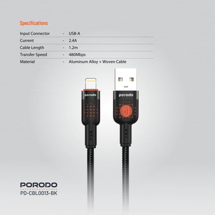 Porodo Aluminum Alloy Braided Cable USB-A to Lightning 1.2, 480Mbps Transfer Speed, 2.4A, more than 15000 Bends Life Span, Tangle Free - Black