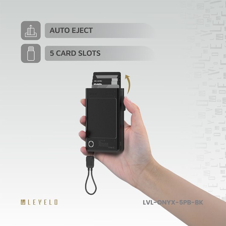 بنك الطاقة المحمّل متعدد الوظائف Levelo Onyx 3 في 1، سعة 5000 مللي أمبير، شحن سريع بقوة 12 واط، يحتوي على 5 فتحات لحامل البطاقات - اللون أسود.