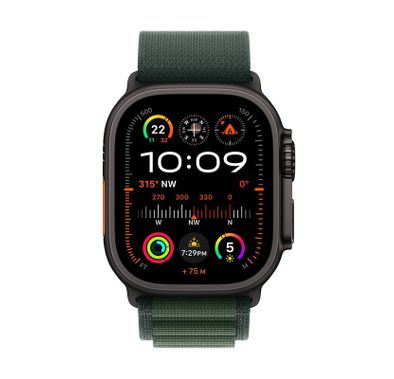 Apple Watch Ultra 2 2024 GPS + Cellular 49mm Black Titanium Case with Dark Green Alpine Loop, Medium - Black Titanium