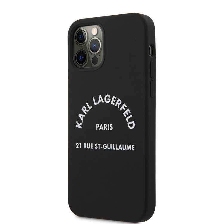 CG Mobile Karl Lagerfeld Silicone Hard Case RSG White Logo Compatible for Apple iPhone 12 / 12 Pro (6.1"), Easy Access to All Ports, Scratch Resistant & Drop Protection Back Cover Suitable with Wireless Charger Officially Licensed - Black