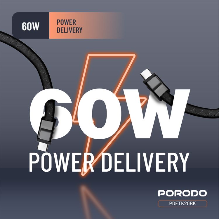 Porodo USB-C to USB-C Wristband Cable with Magnetic Steel Clasp, 60W Power Delivery, 480Mbps Data Transfer Speed, Wearable Design, 20cm Cable Length, PU Leather & Zinc Alloy Material - Black