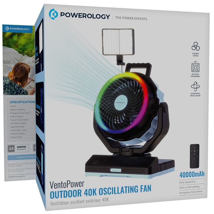 Powerology Ventopower Outdoor 40K Oscillating Fan with 6 Speed Levels, High Capacity Battery, Timer, Dynamic Mood Lighting, TF Card Playback, Oscillating Fan Head - Black
