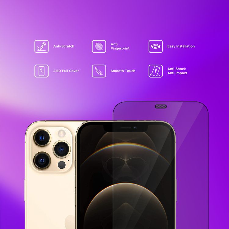 واقي شاشة Liberty Guard Azure Full Cover Black بحافة مدورة لهاتف iPhone 12 Pro، مضاد للصدمات والتأثير - أسود