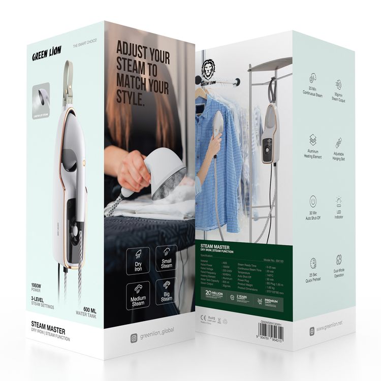 Green Lion 1950W Steam Master with Dry Iron & Steam Function, Adjustable Hanging Belt, LED Indicator, 25 Seconds Quick Preheat, Dual-Mode Operation, 600 mL Water Tank Capacity - White