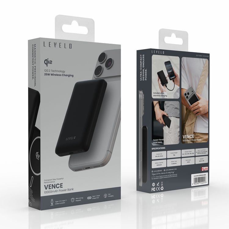 Levelo Vence 10000mAh Power Bank with Qi2.2 Technology, 25W Wireless Charging, Type-C Input & Output Port, Ultra-Strong Magnets, Pocket-Friendly, Travel-Ready, Type-C to Type-C Cable Included, Fast Charging, Ultra-Compact Design, Consistent Power - Black