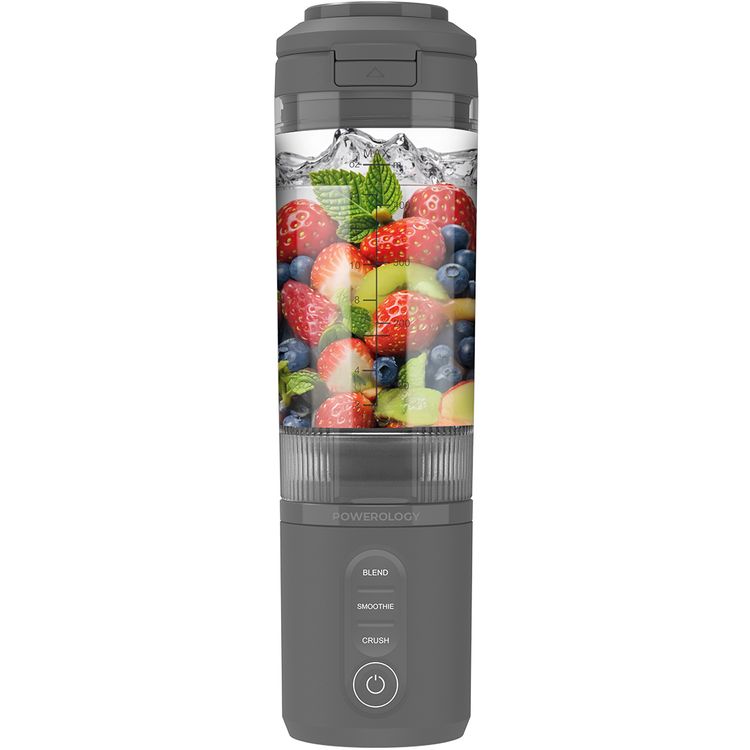 Powerology MagBlend Portable Blender with Magnetic Phone Mount, 6 Sharp Steel Blades, Powerful Ice Crushing, Multi-Mode Blending, 470mL Capacity, Fits to Car Cup Holders - Gray