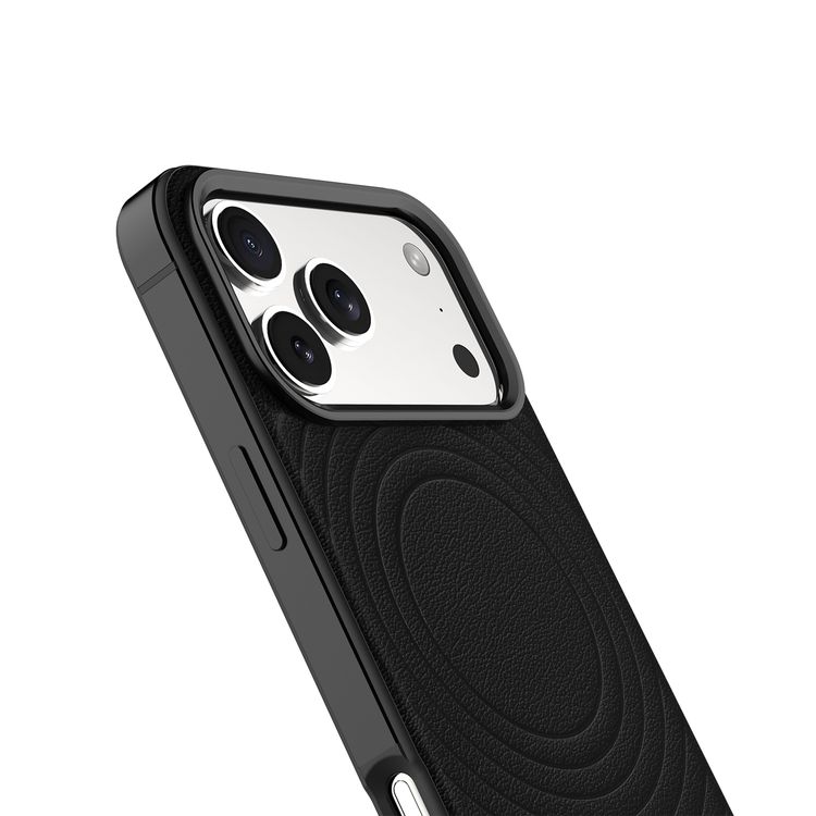 Levelo Spirale PU Leather Hybrid Case for iPhone 17 Pro Max, MagSafe Compatible & Strong Magnets, Impact-Resistant, Shock-Resistant Bumper, Aluminum Alloy Frame for Camera & Edges, Drop-Tested - Phantom Black