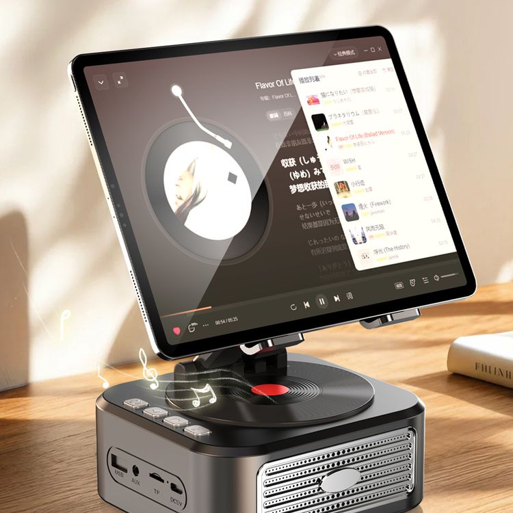 Porodo Multifunctional Tablet Speaker Stand with Power Bank, USB/TF Playback, 1200mAh Battery Capacity, Up to 3.5 Hours Playback Time, 5W Rated Power, 40mm Speaker Driver, USB-C Charging Interface, Bluetooth Version 5.0, 360° Rotation, Tilt & Rotate, Flexible Viewing Angle - Black