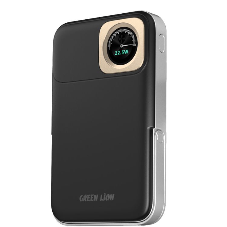 بنك الطاقة الأخضر لايون فولت جاج 10000 مللي أمبير مع منفذين USB-C، مصنوع من مواد ABS وPC، إخراج لاسلكي 15 واط، توصيل الطاقة 22.5 واط، معتمد للطيران، حامل مدمج، دعم الشحن السريع - اللون الأسود