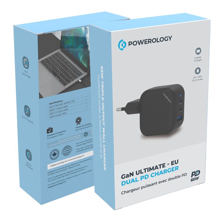Powerology GaN Ultimate EU Dual PD Charger with 65W Power Delivery, 0%-60% Charge in 35 Minutes, 36W USB-A Output, Simultaneous Charging, Built-in Safeguards - Black