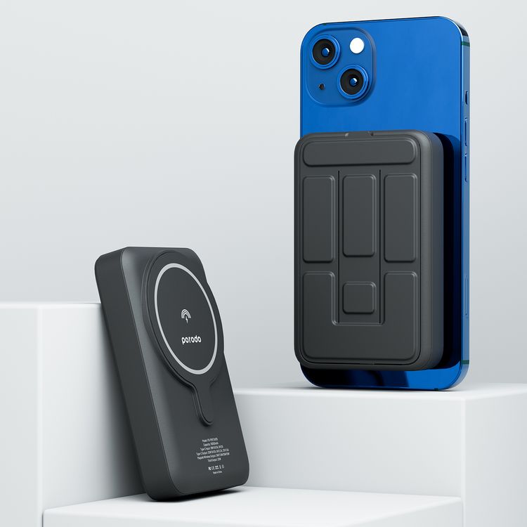 Porodo 10000mAh MagSafe Power Bank with Built-in Foldable Stand, 15W Maximum Wireless Output, 20W Power Delivery, Fast Charging Support, 18W Type-C Input - Black