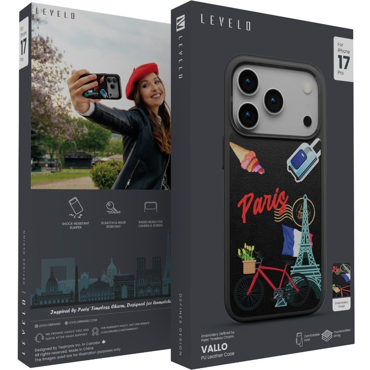 Levelo Vallo PU Leather Case for iPhone 17 Pro with Embroidery Paris Finish, Comfortable Hold, Durable PU Leather, Raised Bezels for Camera and Screen, True Microfiber Interior Lining, Scratch & Wear Resistant, Shock-Resistant Bumper - Midnight Black