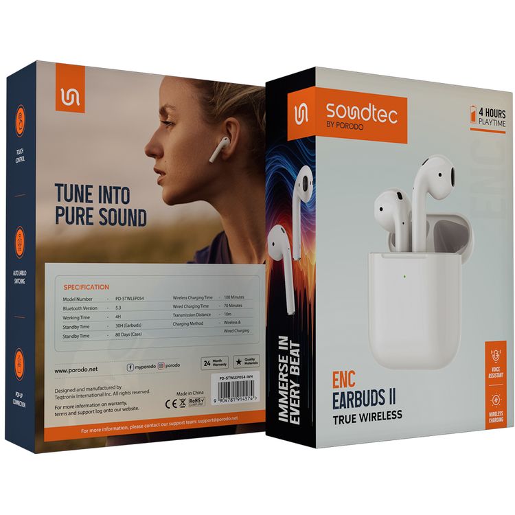 Porodo Soundtec ENC Earbuds II True Wireless with 4 Hours Working Time, Wireless Charging Compatibility, 10m Transmission Distance, Pop-Up Connection - White