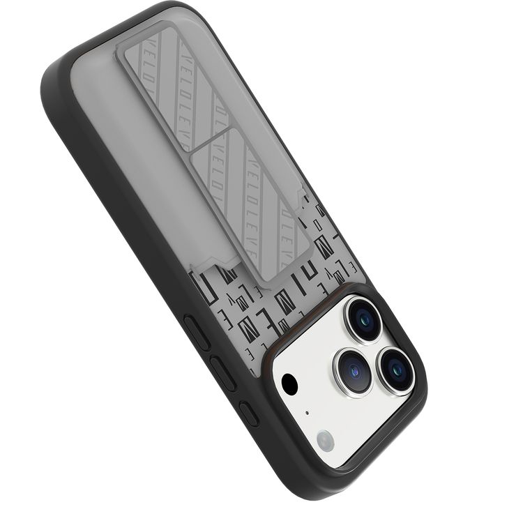 حافظة Levelo Morphix GripStand مع حامل بطاقات لجهاز iPhone 17 Pro، تصميم فاخر مطبوع بعلامة تجارية، ممتصة للصدمات، حواف مرتفعة للكاميرا والشاشة، حامل بحزام مغناطيسي - رمادي سحابي.