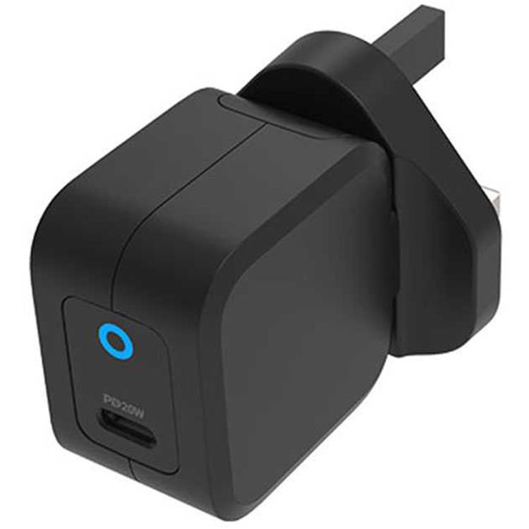 Powerology Ultra-Compact GaN Charger with 20W Power Delivery, UK 3-Pin Plug, Built-in Safeguards, USB-C Fast Charging, 0%-60% Charge in 35 Minutes - Black