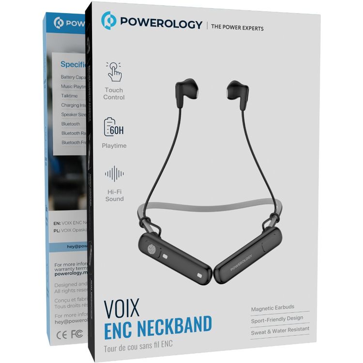 Powerology Voix ENC Neckband Earphones with Dual Microphone, 10mm Speakers, 500mAh Battery, Low Latency Audio, Secure Magnetic Earbuds, Hi-Fi Sound, Sweat & Water Resistant, Up to 60 Hours Play & Talk Time - Black