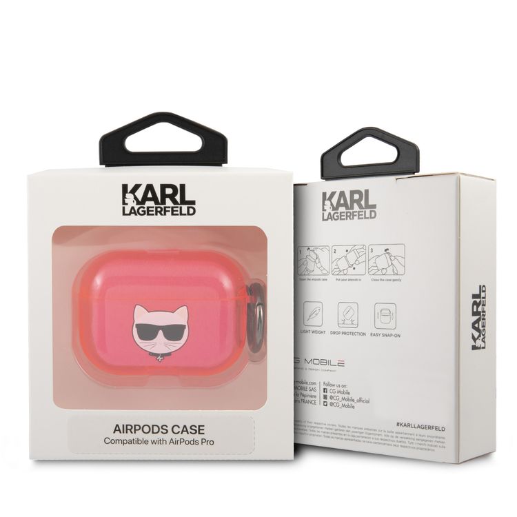 CG MOBILE Karl Lagerfeld TPU Choupette Fluo Case with Ring for Apple Airpods Pro, Scratch & Drop Resistant, Dustproof & Absorbing Protective Silicone Cover Officially Licensed Pink