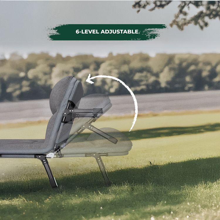 Green Lion Foldable Camping Bed, Up to 150kg Load Capacity, 6 Adjustable Backrest, Anti-Slip Feet, Comfortable Pillow, Easy Installation & Easy to Carry, Thickened Steel Frame - Gray