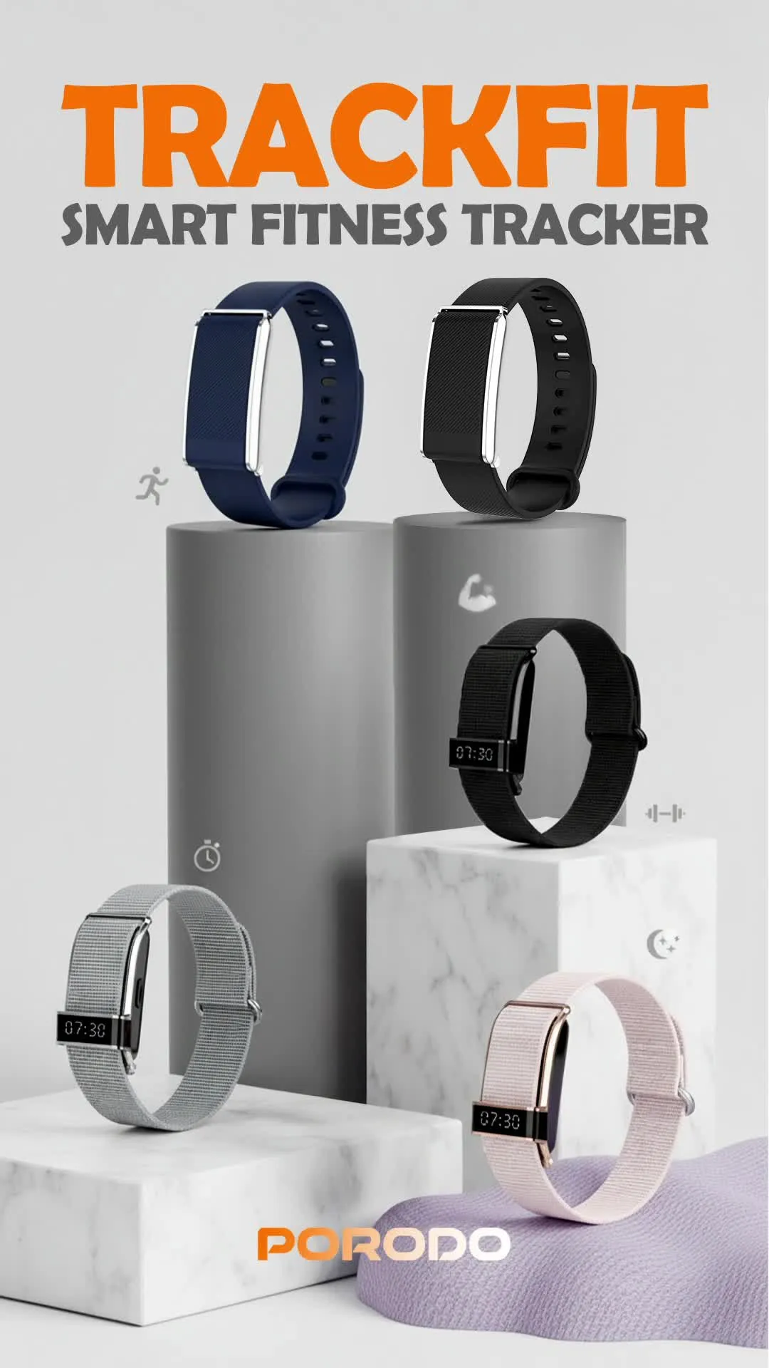 Porodo TrackFit Screenless Smart Fitness Band with Bluetooth Version 5.4, 2 Hours Charging Time, 30-Days Battery Life, Heart Rate and Blood Oxygen Monitoring, Sleep Analysis, Long Battery Life