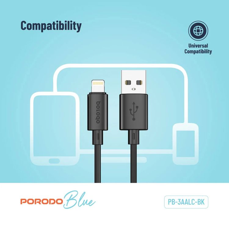 Porodo Blue USB-A to Lightning Charging Cable with 480Mbps Data Transfer, 3A Fast Charge, Flexible Material, Universal Compatibility - Black 